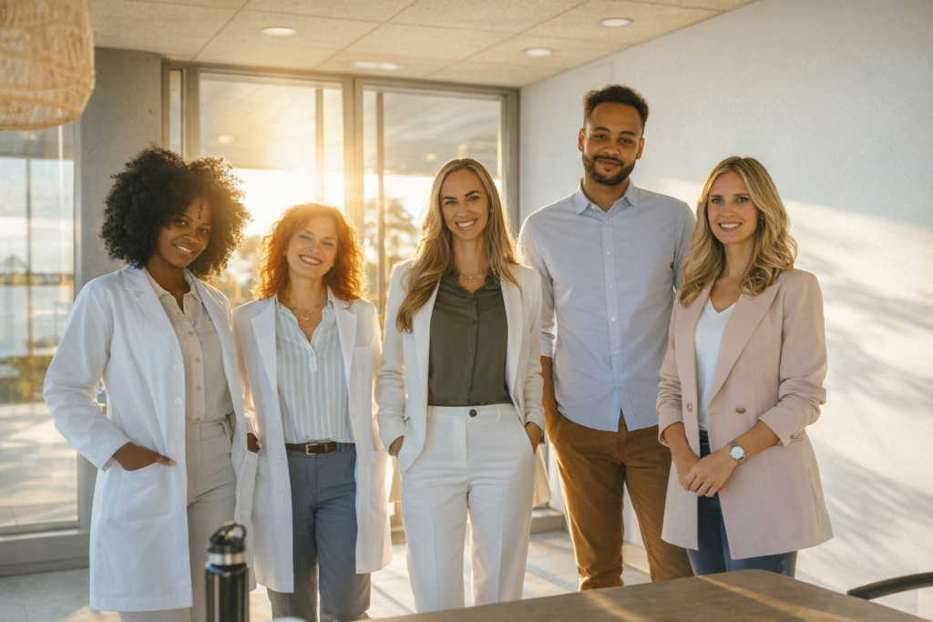 Multiethnic business team smiling while standing together in the office.